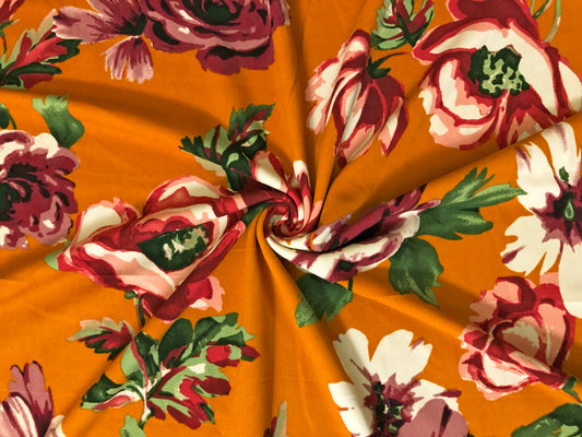 Crepe Knit Fabric – Deep Mustard with Rose, Blush & Burgundy Florals, Green Leaves – 4-Way Stretch, 56" Wide, 240 GSM, Silky Drape – Sold by the Yard (TCRP040)