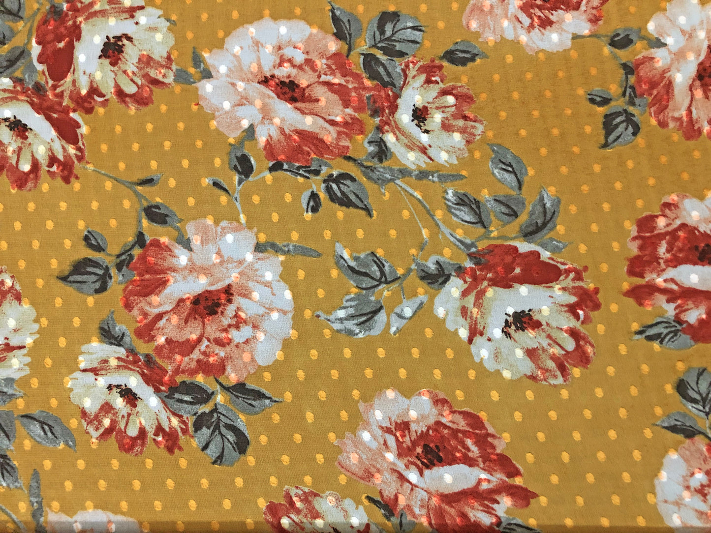 Mustard-Gold Swiss-Dot Chiffon with Rust & Ivory Roses — Sheer, 52" Wide, No Stretch — By the Yard (CFPR05)