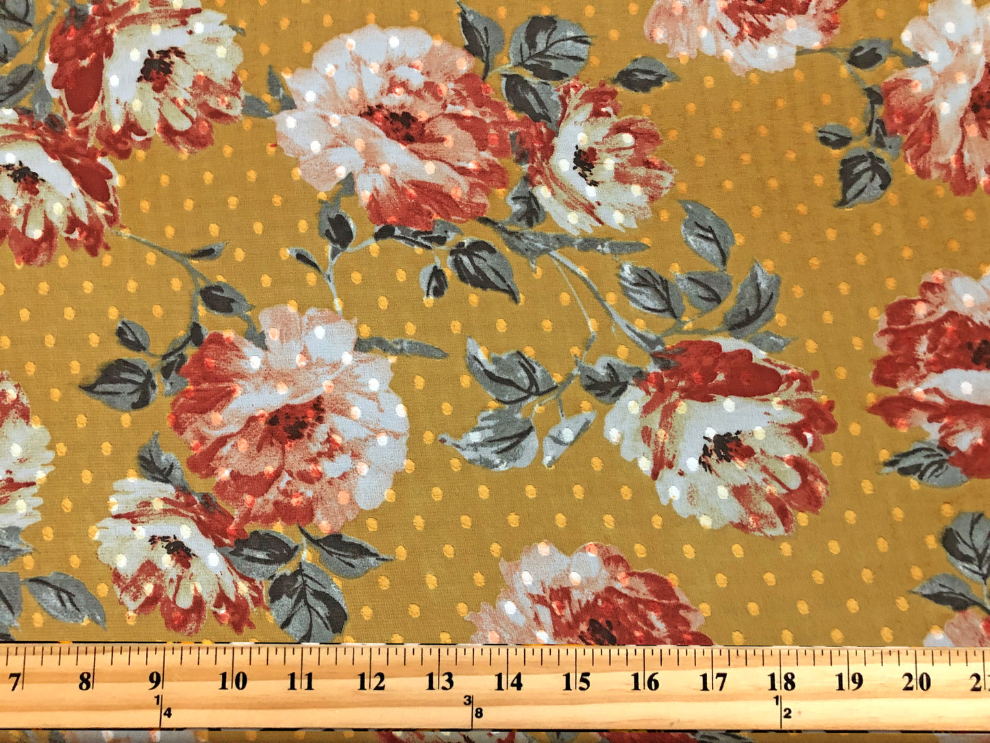 Mustard-Gold Swiss-Dot Chiffon with Rust & Ivory Roses — Sheer, 52" Wide, No Stretch — By the Yard (CFPR05)