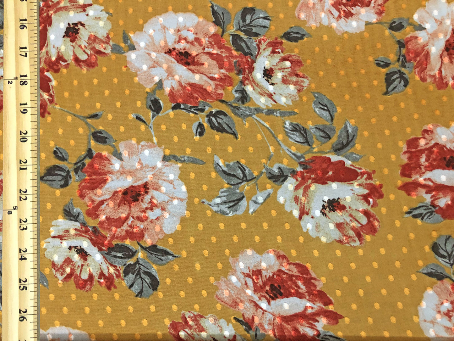 Mustard-Gold Swiss-Dot Chiffon with Rust & Ivory Roses — Sheer, 52" Wide, No Stretch — By the Yard (CFPR05)