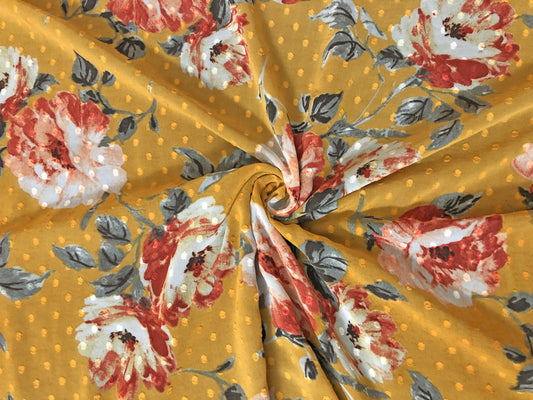 Mustard-Gold Swiss-Dot Chiffon with Rust & Ivory Roses — Sheer, 52" Wide, No Stretch — By the Yard (CFPR05)