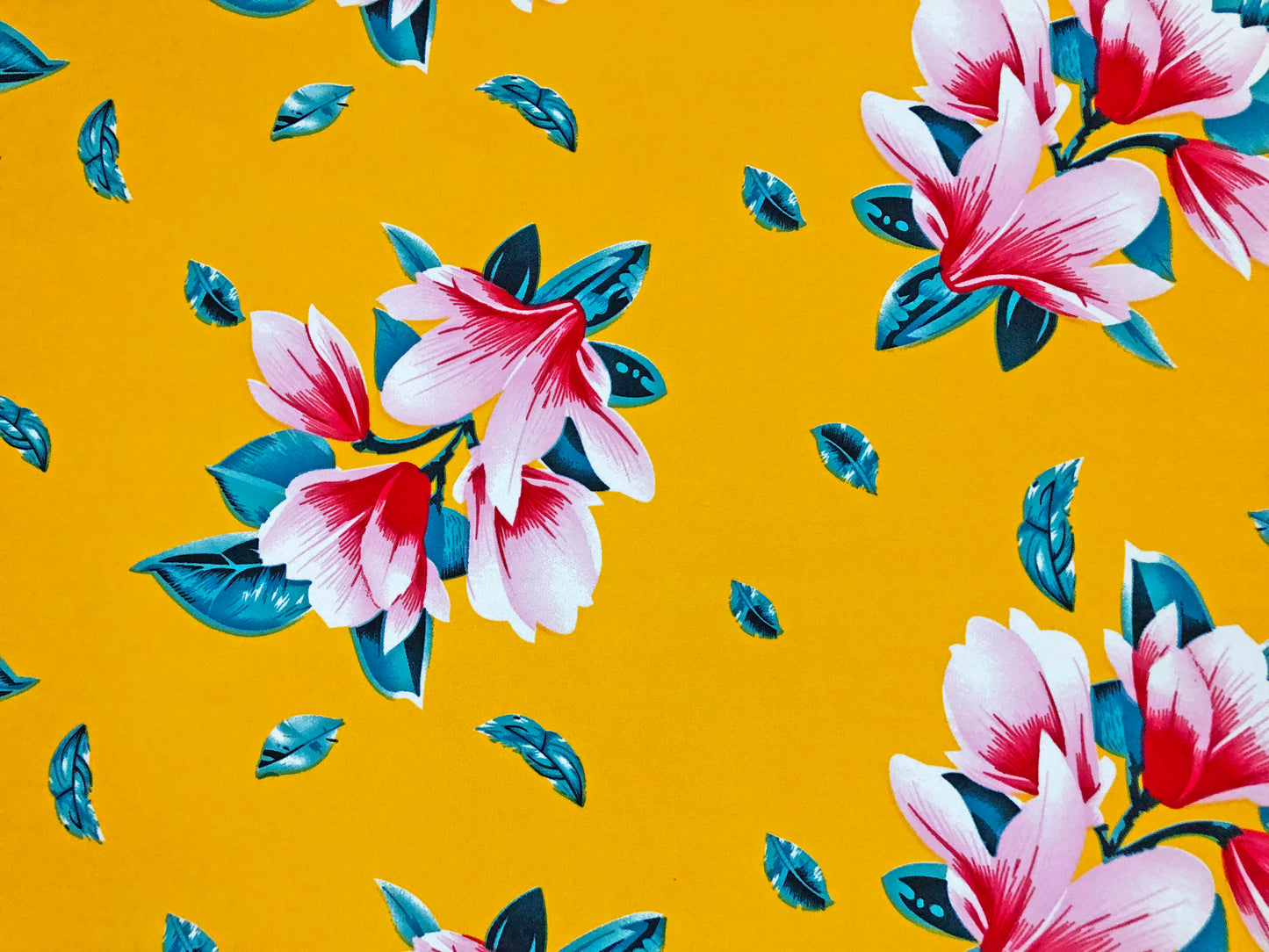 Techno Crepe Knit — Vivid Mustard Floral/Pink/White & Teal Blossoms, 4-Way Stretch, 240 GSM, 56" Wide, Wrinkle Resistant - By the Yard (TCRP098)