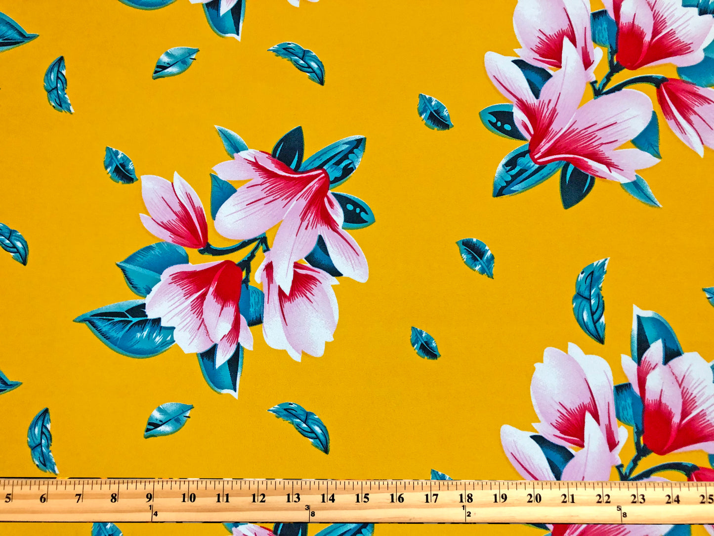 Techno Crepe Knit — Vivid Mustard Floral/Pink/White & Teal Blossoms, 4-Way Stretch, 240 GSM, 56" Wide, Wrinkle Resistant - By the Yard (TCRP098)