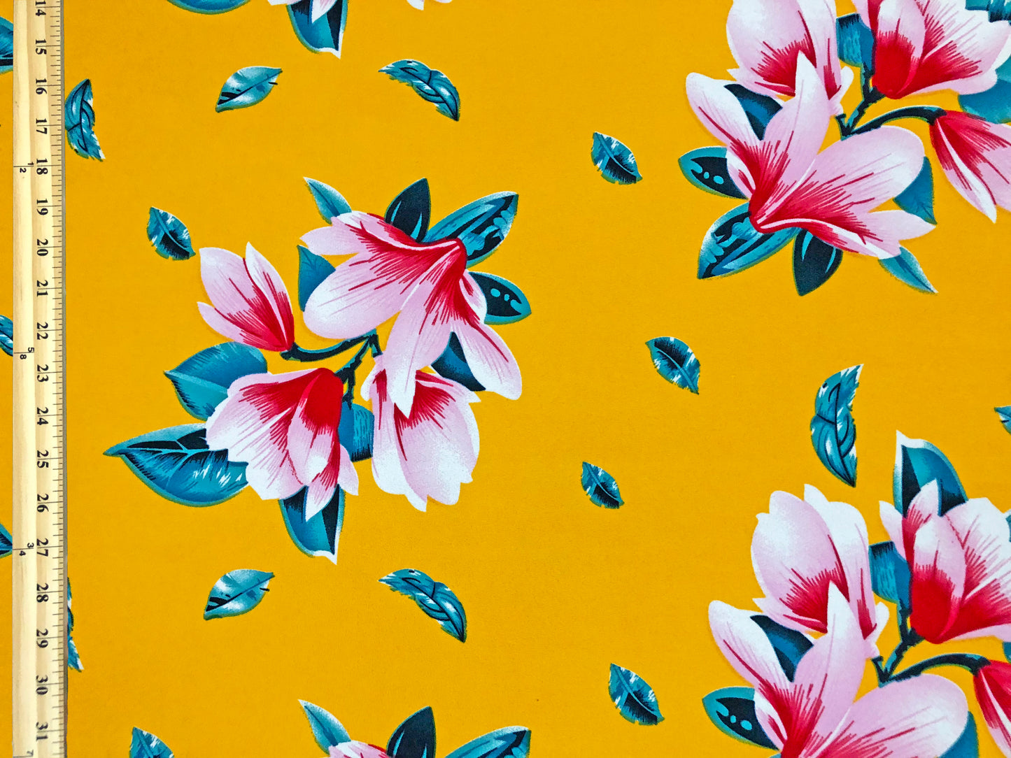 Techno Crepe Knit — Vivid Mustard Floral/Pink/White & Teal Blossoms, 4-Way Stretch, 240 GSM, 56" Wide, Wrinkle Resistant - By the Yard (TCRP098)