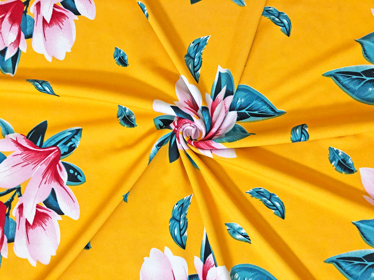 Techno Crepe Knit — Vivid Mustard Floral/Pink/White & Teal Blossoms, 4-Way Stretch, 240 GSM, 56" Wide, Wrinkle Resistant - By the Yard (TCRP098)