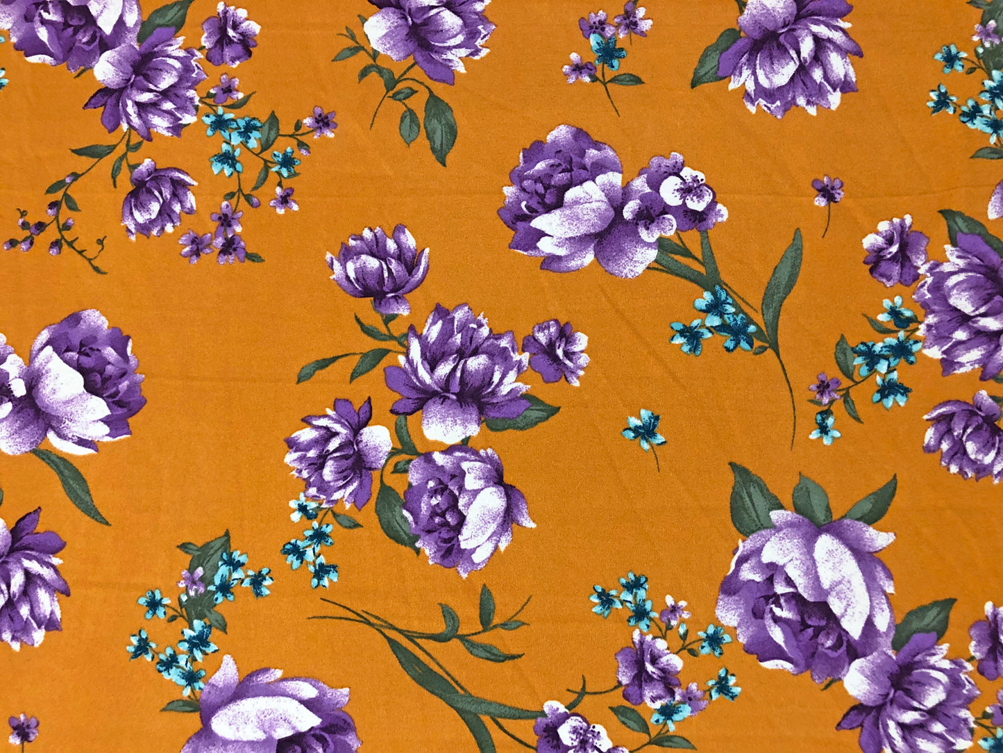Techno Crepe Printed Fabric-Mustard Purple Flowers-TCRP057-Sold by the Yard