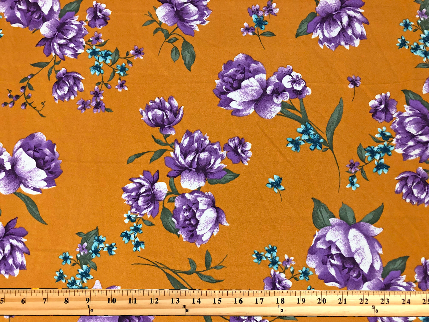 Techno Crepe Printed Fabric-Mustard Purple Flowers-TCRP057-Sold by the Yard