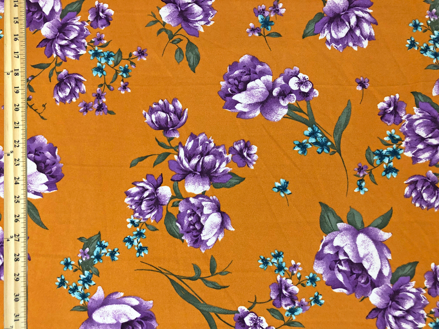 Techno Crepe Knit – Mustard with Purple Peony & Teal Blossoms, 4-Way Stretch, 56" Wide, 240 GSM - By the Yard (TCRP057)