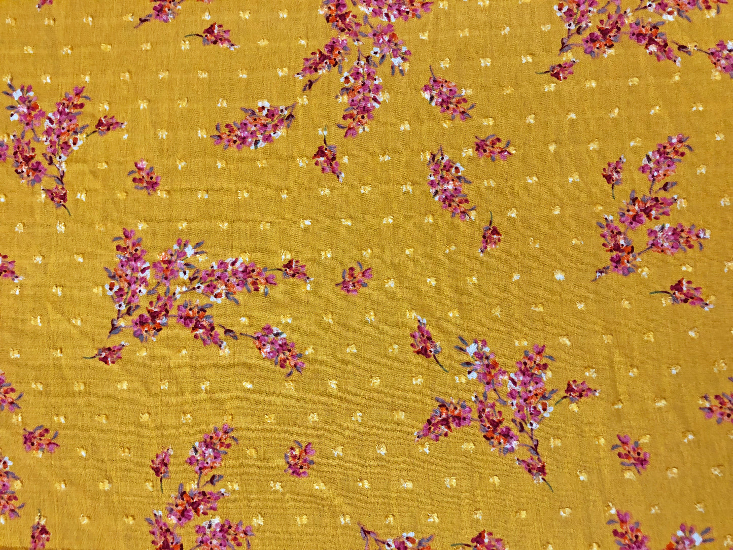 Vibrant Mustard Swiss Dot Rayon Gauze with Red/Magenta Wildflower Sprigs — 100% Rayon, 52″ Wide — Fabric by the Yard (RGZPR015)