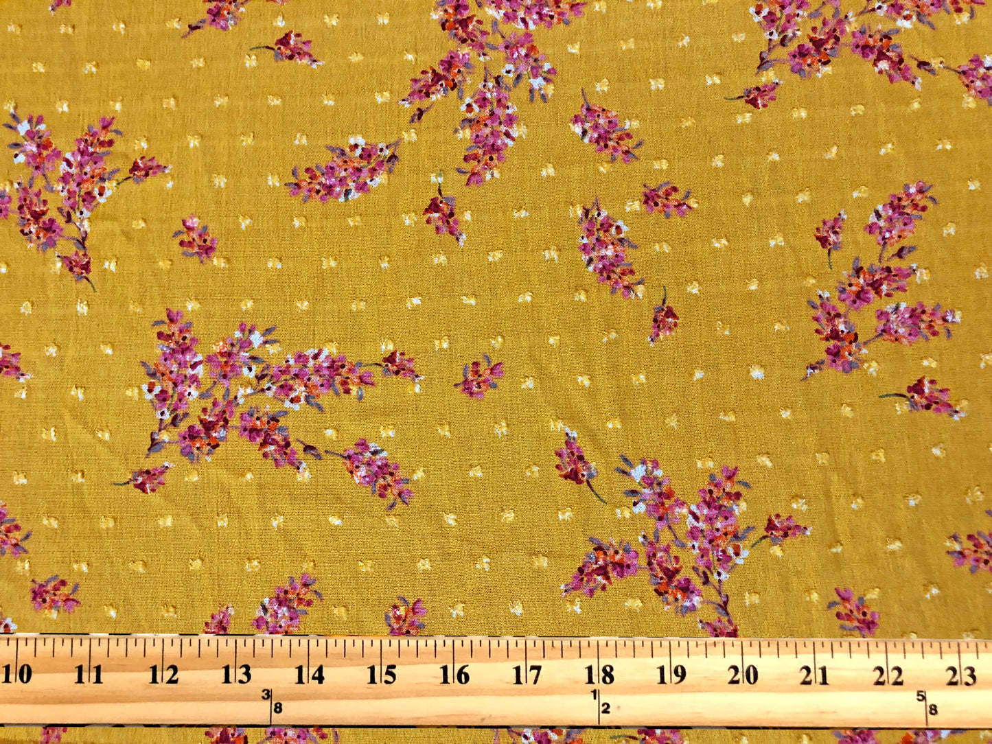 Vibrant Mustard Swiss Dot Rayon Gauze with Red/Magenta Wildflower Sprigs — 100% Rayon, 52″ Wide — Fabric by the Yard (RGZPR015)