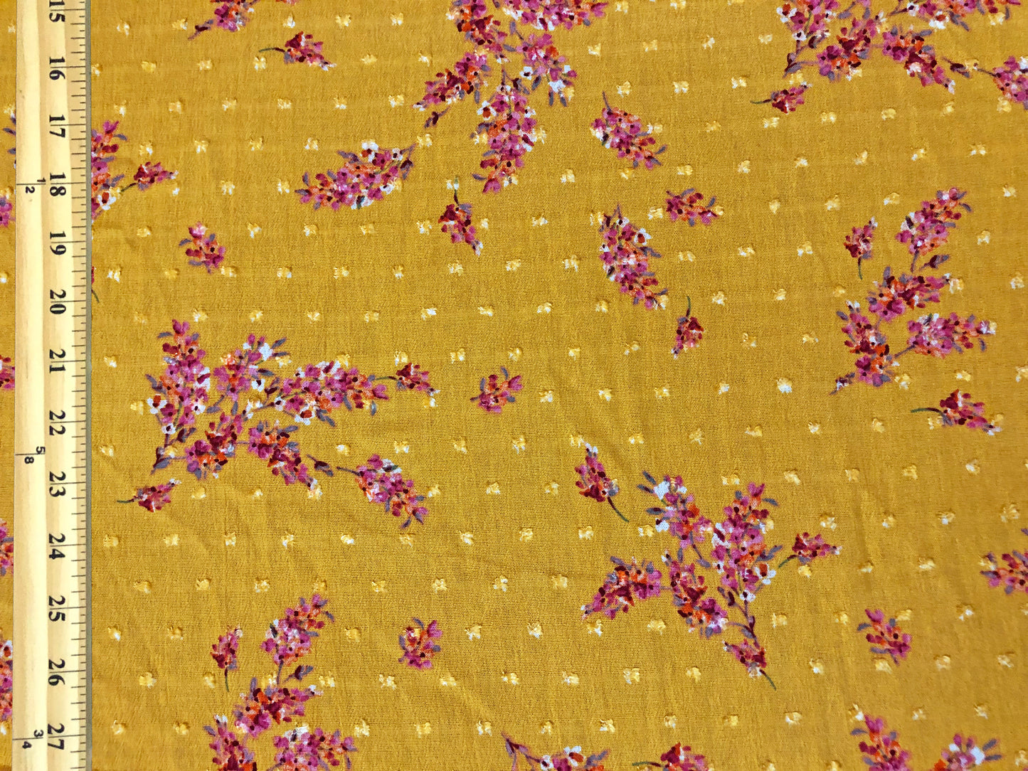 Vibrant Mustard Swiss Dot Rayon Gauze with Red/Magenta Wildflower Sprigs — 100% Rayon, 52″ Wide — Fabric by the Yard (RGZPR015)