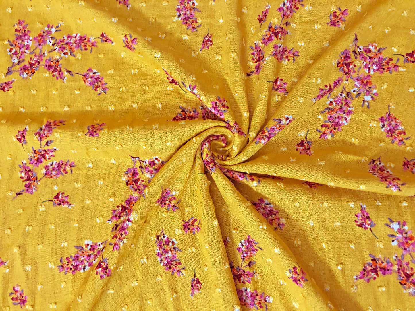 Vibrant Mustard Swiss Dot Rayon Gauze with Red/Magenta Wildflower Sprigs — 100% Rayon, 52″ Wide — Fabric by the Yard (RGZPR015)