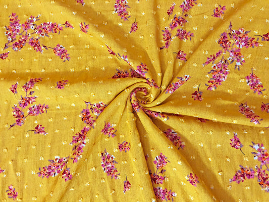 Vibrant Mustard Swiss Dot Rayon Gauze with Red/Magenta Wildflower Sprigs — 100% Rayon, 52″ Wide — Fabric by the Yard (RGZPR015)