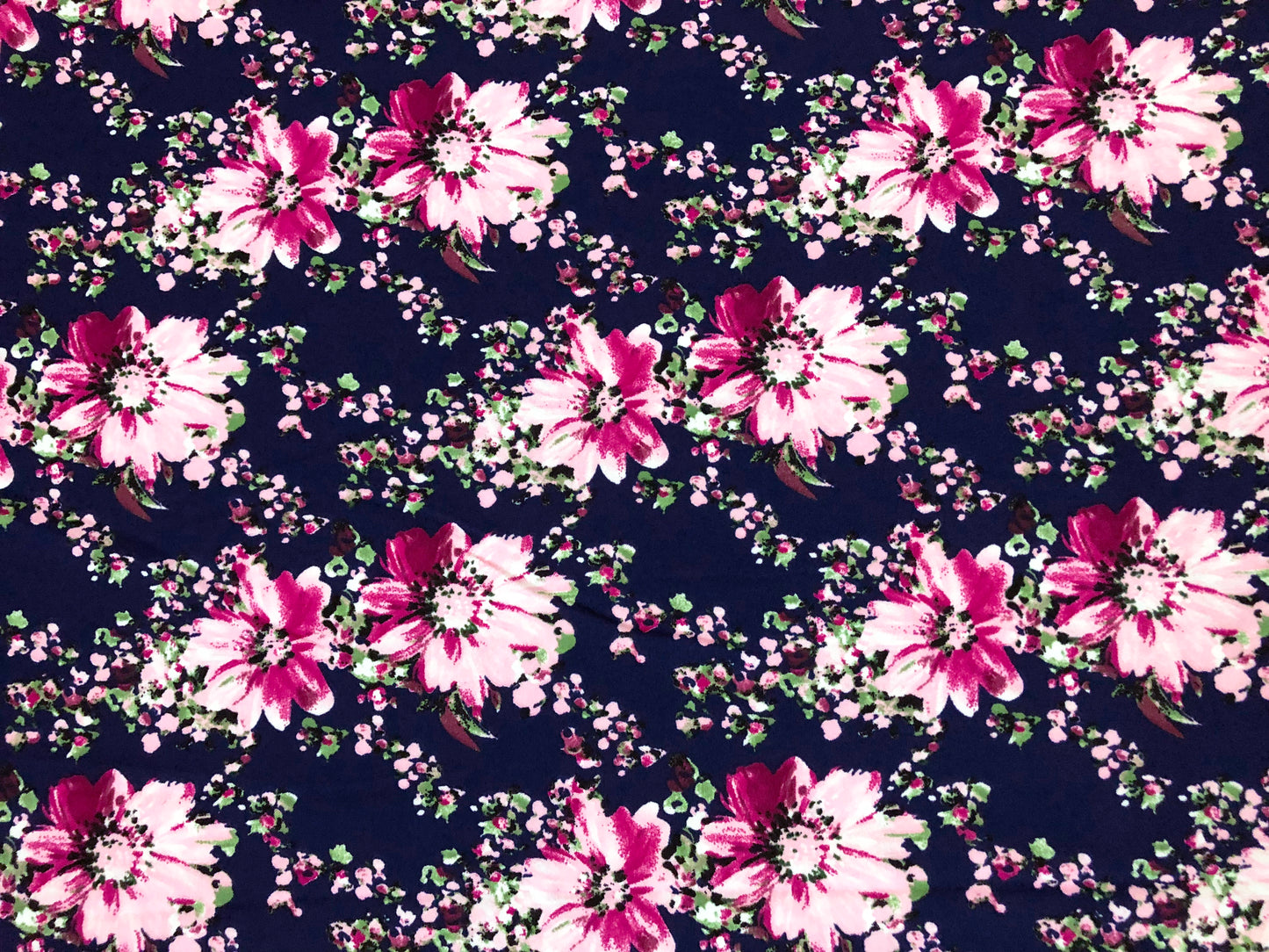 Techno Crepe Knit — Navy Floral/Fuchsia & Blush Blossoms, 4-Way Stretch, 240 GSM, 56" Wide, Wrinkle Resistant - By the Yard (TCRP0102)
