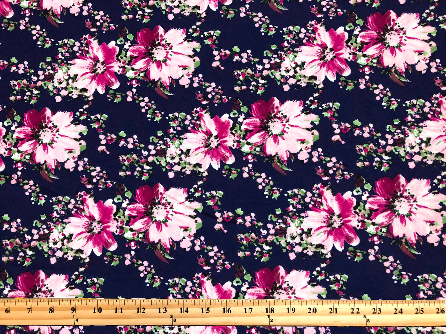 Techno Crepe Knit — Navy Floral/Fuchsia & Blush Blossoms, 4-Way Stretch, 240 GSM, 56" Wide, Wrinkle Resistant - By the Yard (TCRP0102)