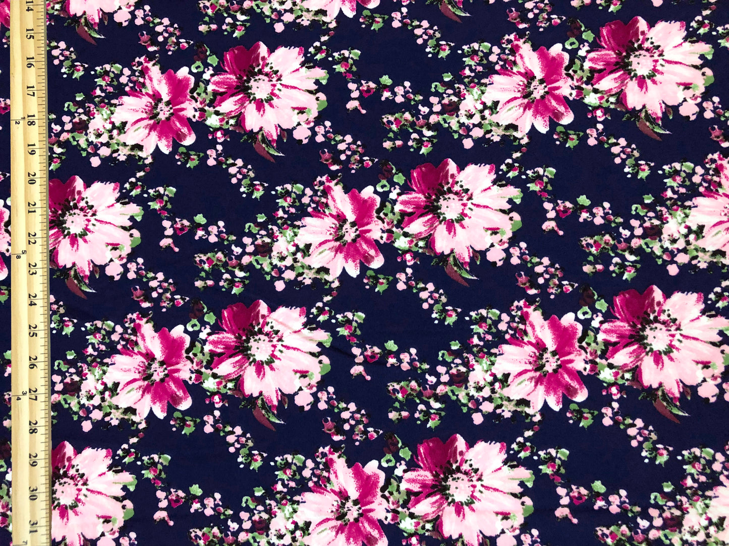 Techno Crepe Knit — Navy Floral/Fuchsia & Blush Blossoms, 4-Way Stretch, 240 GSM, 56" Wide, Wrinkle Resistant - By the Yard (TCRP0102)