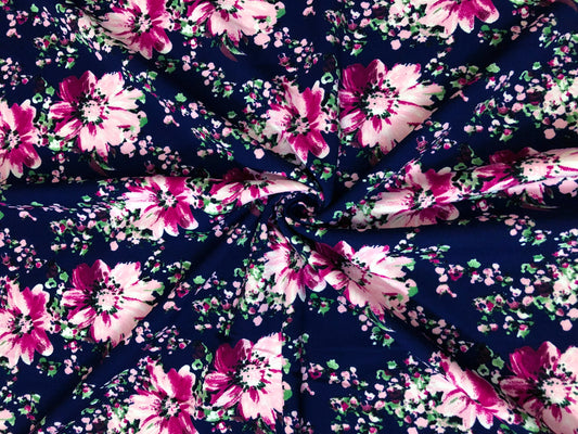 Techno Crepe Knit — Navy Floral/Fuchsia & Blush Blossoms, 4-Way Stretch, 240 GSM, 56" Wide, Wrinkle Resistant - By the Yard (TCRP0102)