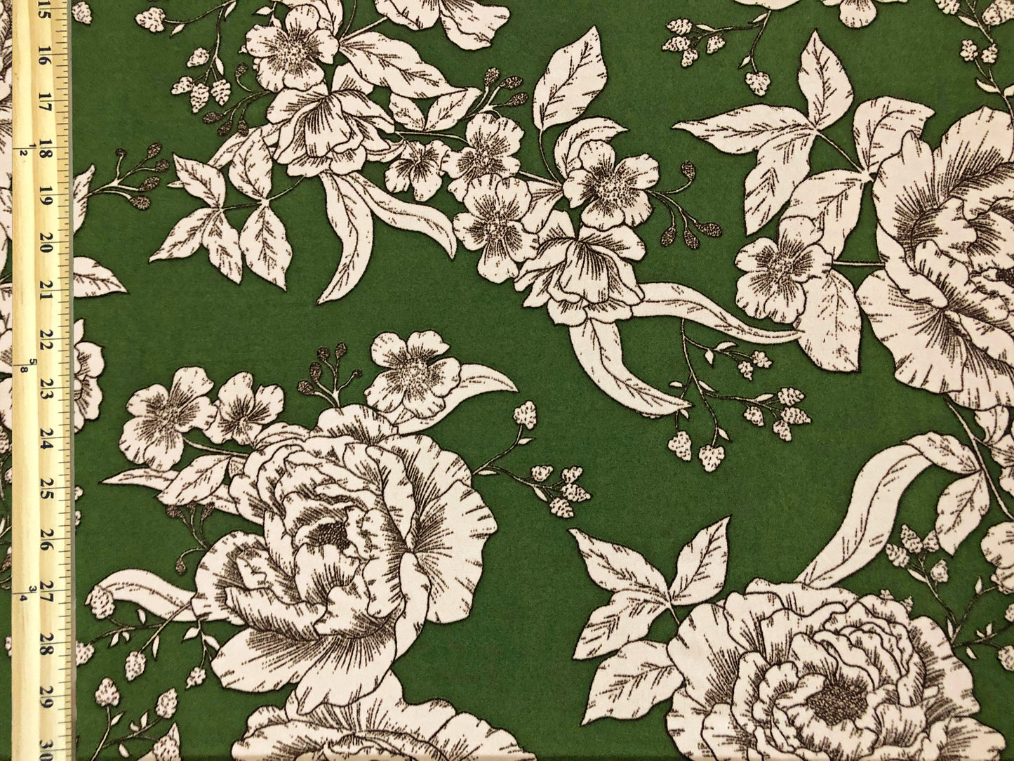 Techno Crepe Knit Fabric – Silky Drape, 4-Way Stretch, Wrinkle-Resistant, 56″, 240 GSM – Olive Green/Ivory Sketch Floral – Sold by the Yard (TCRP087)