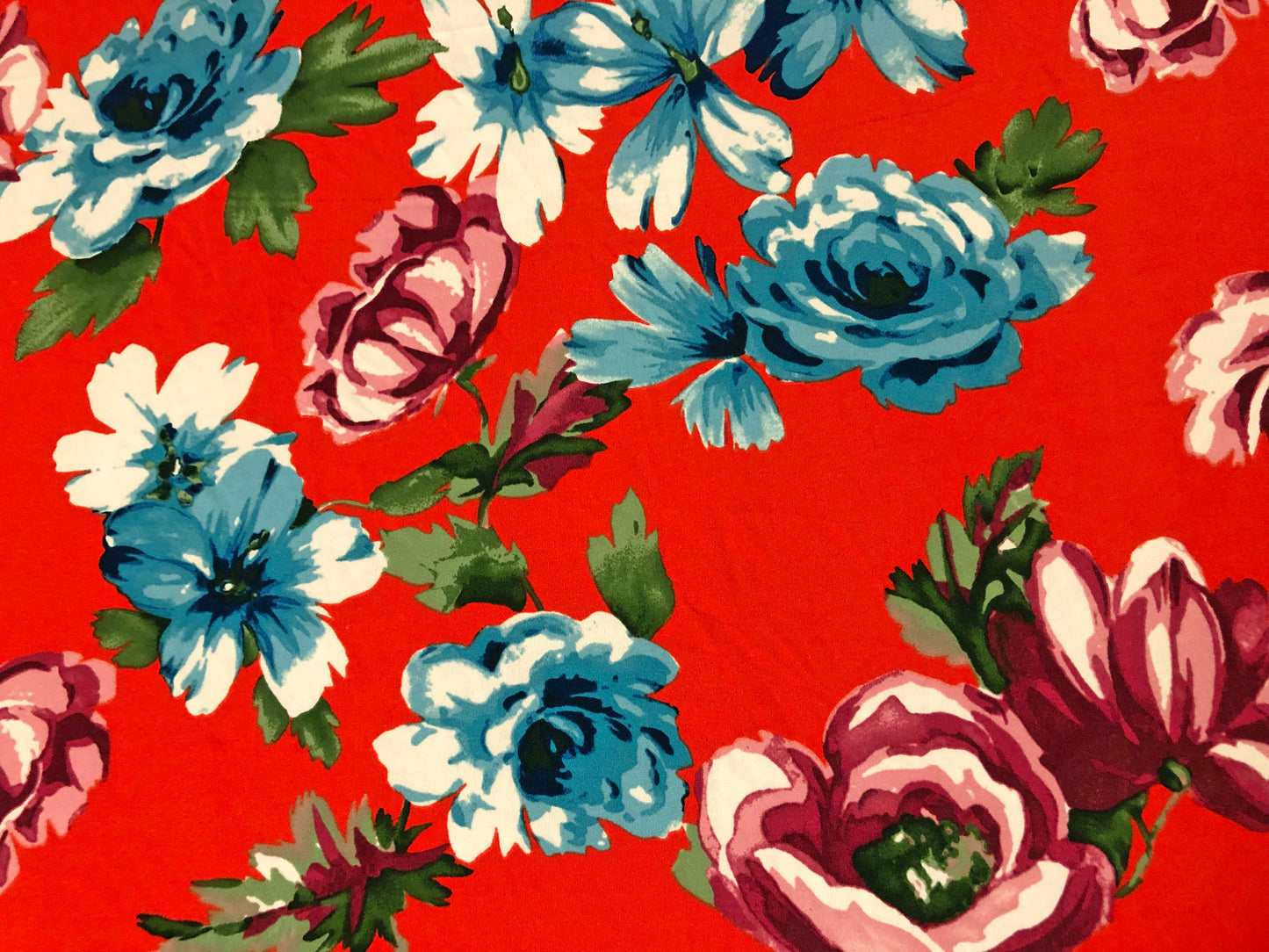Techno Crepe Knit Fabric – Red Orange with Teal & Sky Blue Blooms, Plum Roses – 4-Way Stretch, 56" Wide, 240 GSM, Silky Drape – Sold by the Yard (TCRP042)