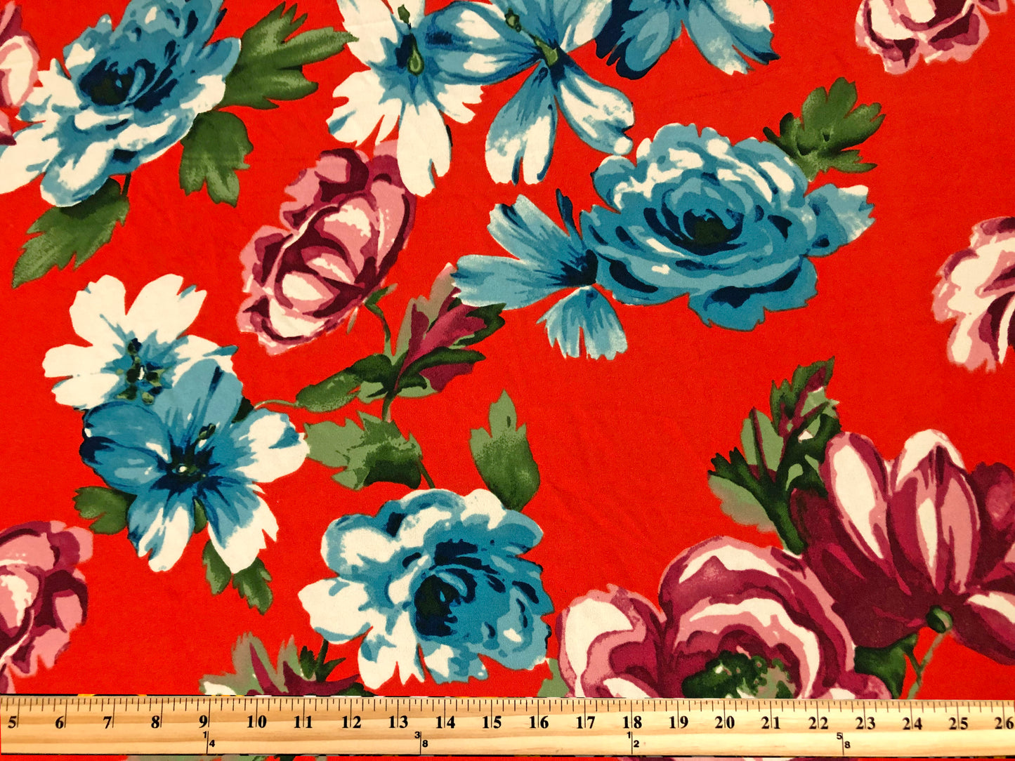 Techno Crepe Knit Fabric – Red Orange with Teal & Sky Blue Blooms, Plum Roses – 4-Way Stretch, 56" Wide, 240 GSM, Silky Drape – Sold by the Yard (TCRP042)