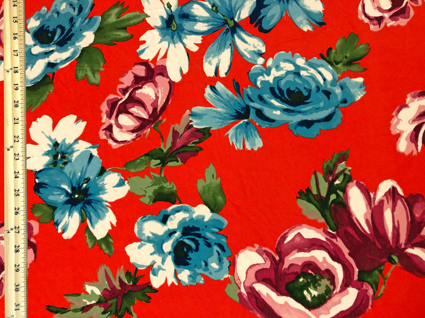 Techno Crepe Knit Fabric – Red Orange with Teal & Sky Blue Blooms, Plum Roses – 4-Way Stretch, 56" Wide, 240 GSM, Silky Drape – Sold by the Yard (TCRP042)
