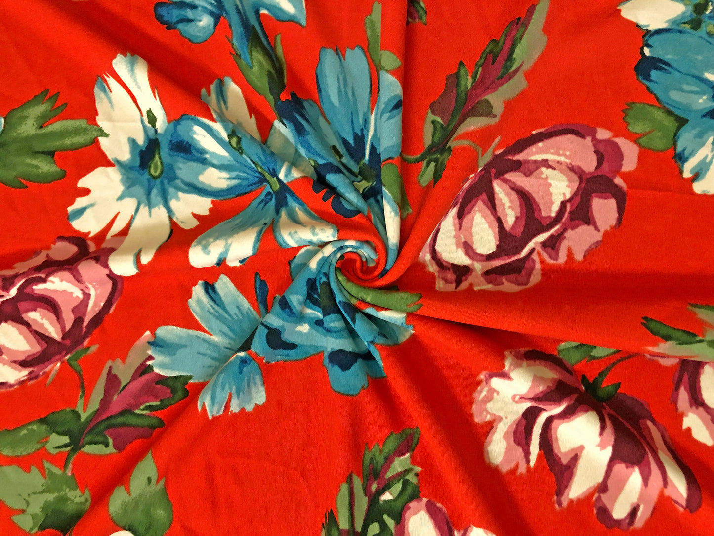 Techno Crepe Knit Fabric – Red Orange with Teal & Sky Blue Blooms, Plum Roses – 4-Way Stretch, 56" Wide, 240 GSM, Silky Drape – Sold by the Yard (TCRP042)