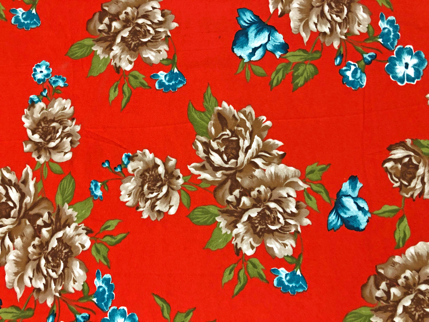 Techno Crepe Printed Fabric-Orange Brown Blue Flowers-TCRP064-Sold by the Yard