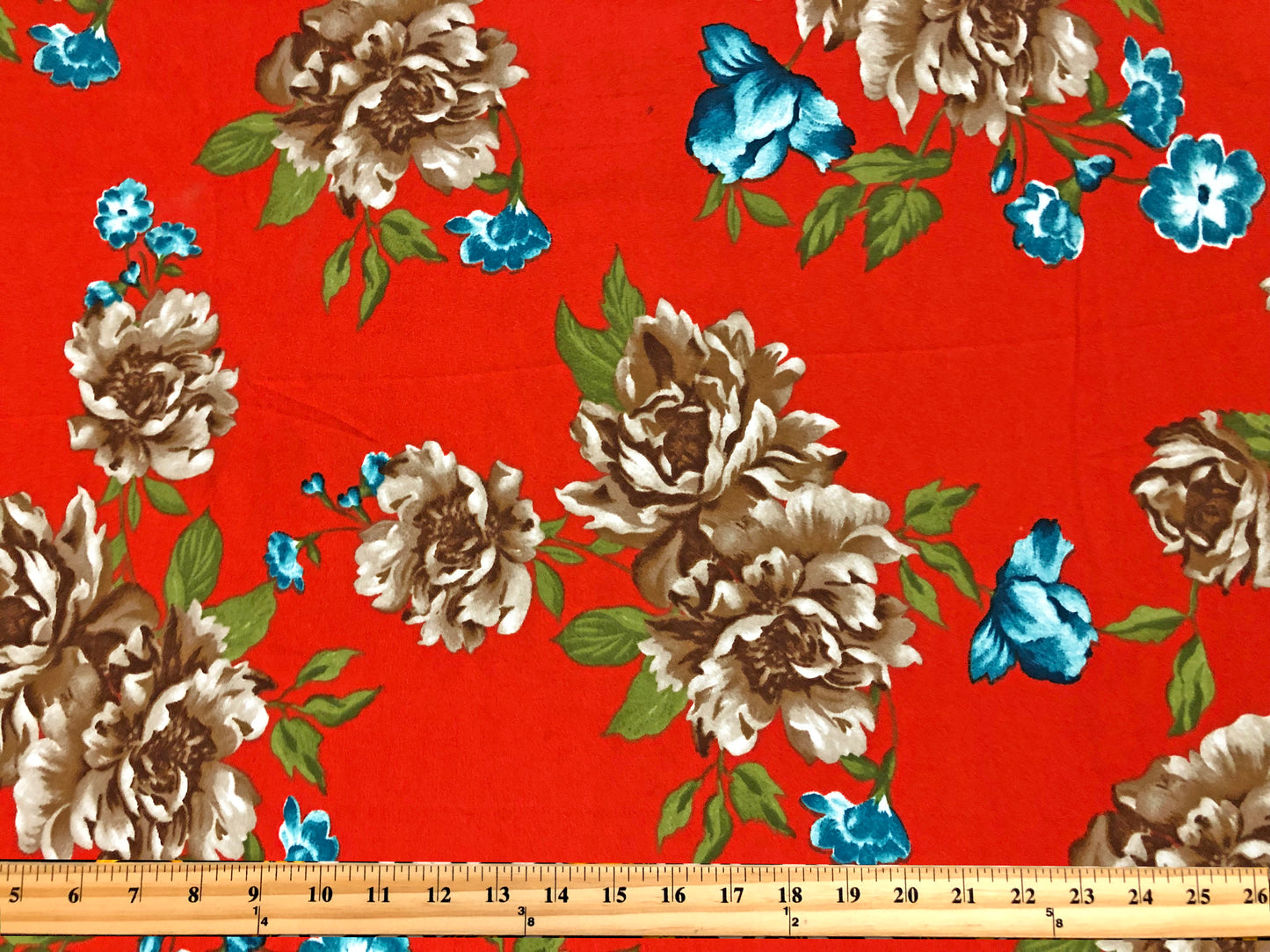 Techno Crepe Printed Fabric-Orange Brown Blue Flowers-TCRP064-Sold by the Yard