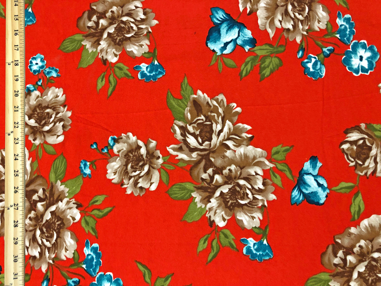Techno Crepe Knit – Red Orange with Brown Roses & Teal Blossoms, 4-Way Stretch, 56" Wide, 240 GSM, - By the Yard (TCRP064)