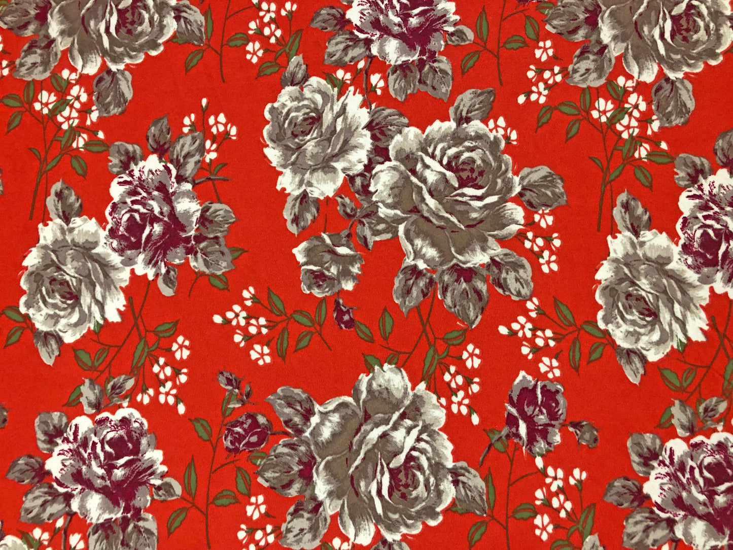 Techno Crepe Knit Fabric – Red Orange with Brown & Burgundy Roses, Ivory Blossoms – 4-Way Stretch, 56" Wide, 240 GSM – Sold by the Yard (TCRP048)
