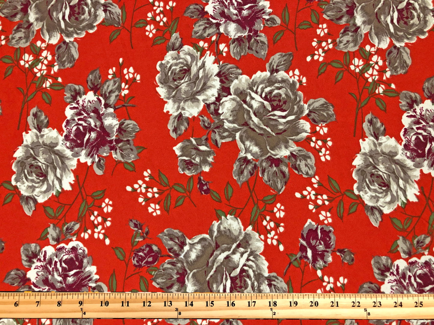 Techno Crepe Knit Fabric – Red Orange with Brown & Burgundy Roses, Ivory Blossoms – 4-Way Stretch, 56" Wide, 240 GSM – Sold by the Yard (TCRP048)