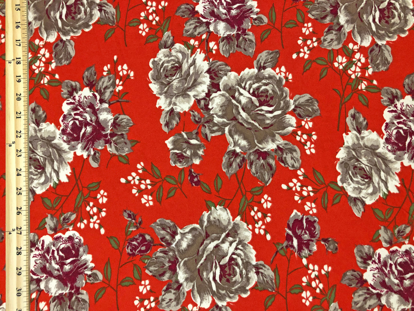 Techno Crepe Knit Fabric – Red Orange with Brown & Burgundy Roses, Ivory Blossoms – 4-Way Stretch, 56" Wide, 240 GSM – Sold by the Yard (TCRP048)