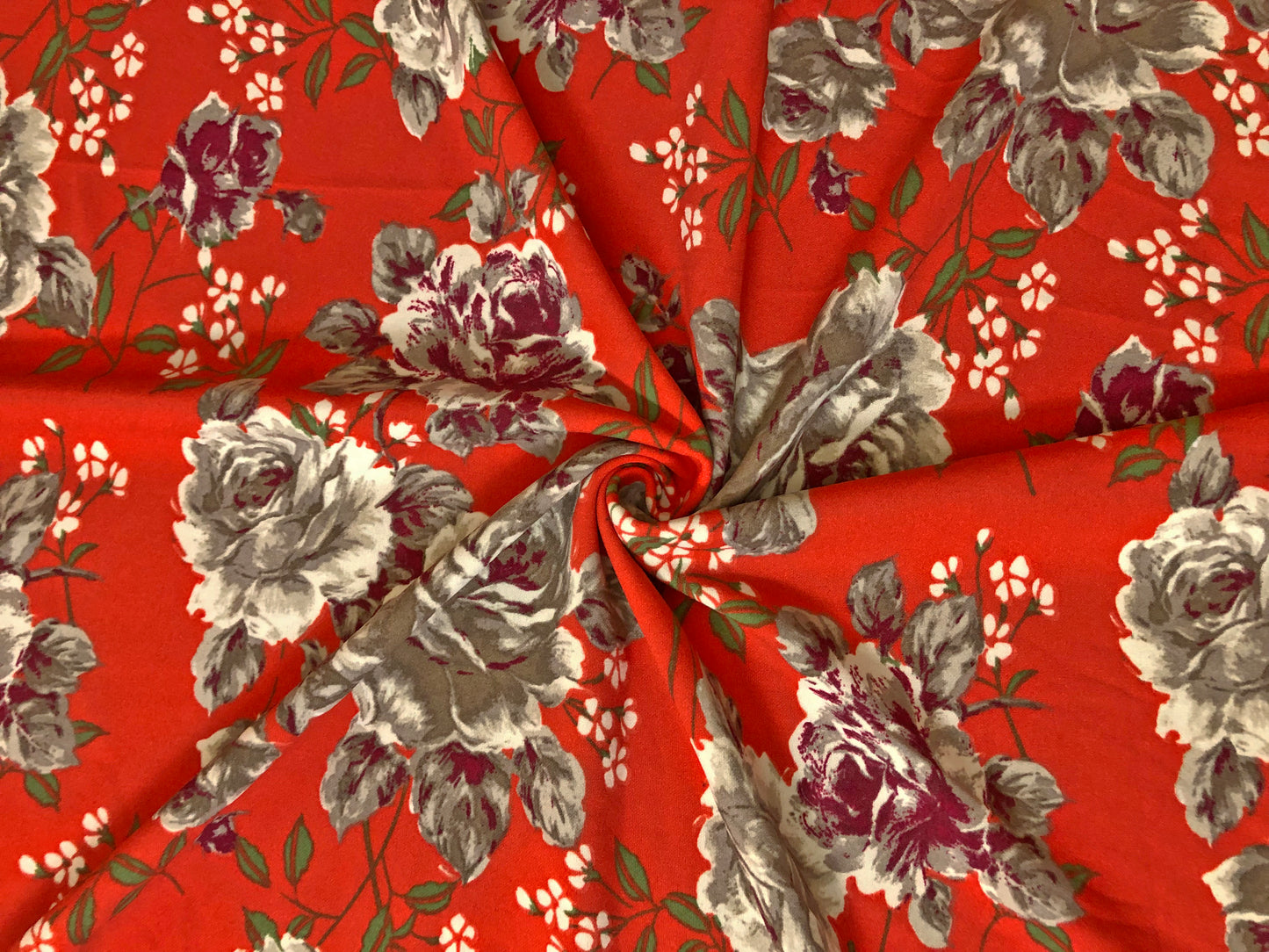 Techno Crepe Knit Fabric – Red Orange with Brown & Burgundy Roses, Ivory Blossoms – 4-Way Stretch, 56" Wide, 240 GSM – Sold by the Yard (TCRP048)