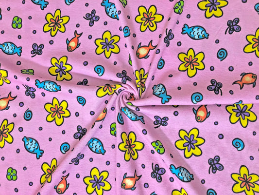 Fish & Flowers Cotton – Lavender-Pink 100% Cotton Print | Non-Stretch, 52″ Wide – Sold by the Yard (CTJPR013)