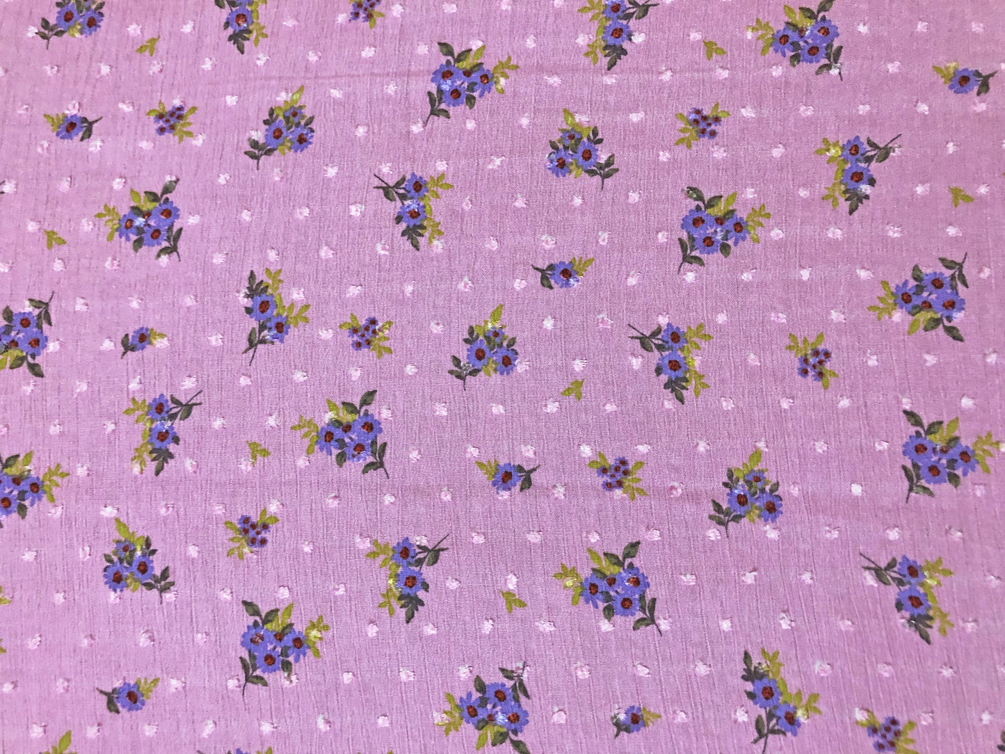 Pink Swiss Dot Rayon Gauze with Purple/Blue Ditsy Florals — 100% Rayon, 52″ Wide — Fabric by the Yard (RGzPR02)
