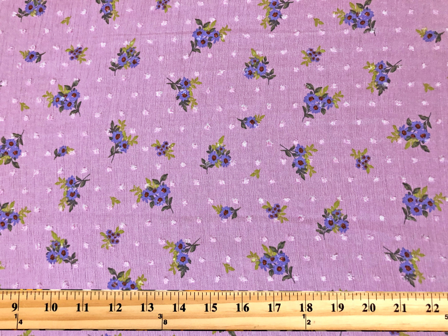 Pink Swiss Dot Rayon Gauze with Purple/Blue Ditsy Florals — 100% Rayon, 52″ Wide — Fabric by the Yard (RGzPR02)