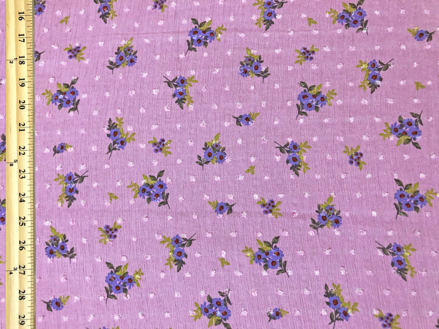 Pink Swiss Dot Rayon Gauze with Purple/Blue Ditsy Florals — 100% Rayon, 52″ Wide — Fabric by the Yard (RGzPR02)