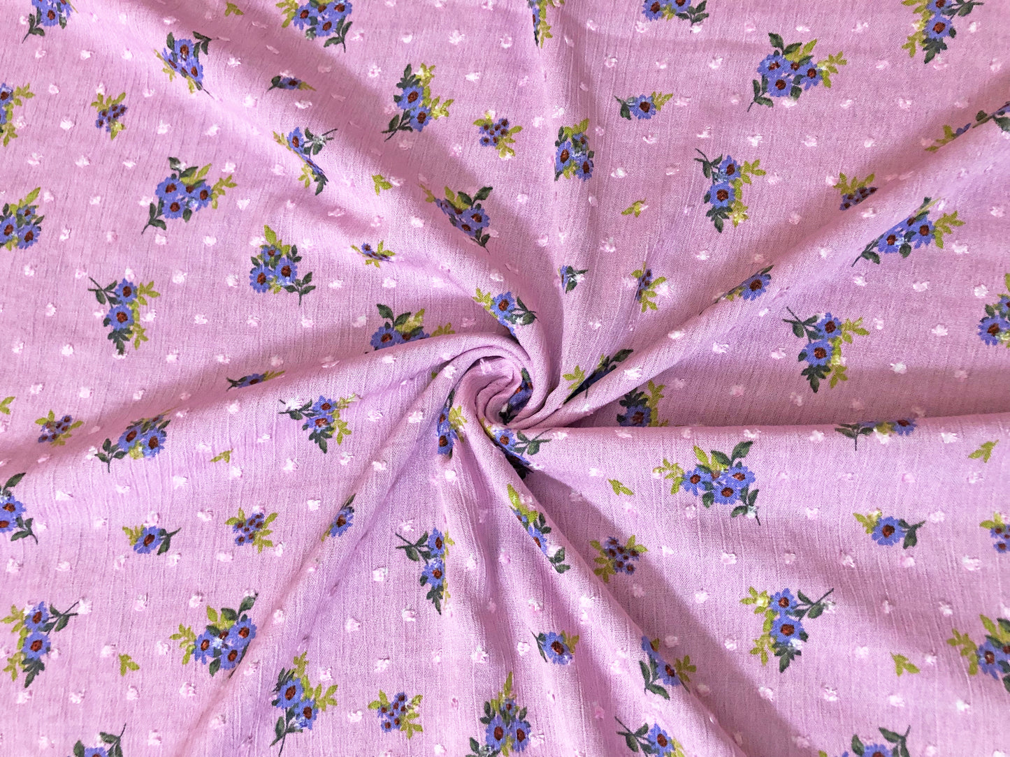 Pink Swiss Dot Rayon Gauze with Purple/Blue Ditsy Florals — 100% Rayon, 52″ Wide — Fabric by the Yard (RGzPR02)