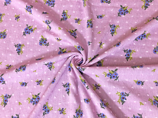 Pink Swiss Dot Rayon Gauze with Purple/Blue Ditsy Florals — 100% Rayon, 52″ Wide — Fabric by the Yard (RGzPR02)