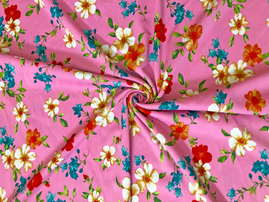 Techno Crepe Knit — Pink Floral/White/Red & Teal Blooms, 4-Way Stretch, 240 GSM, 56" Wide, Wrinkle-Resistant - By the Yard (TCRP091)