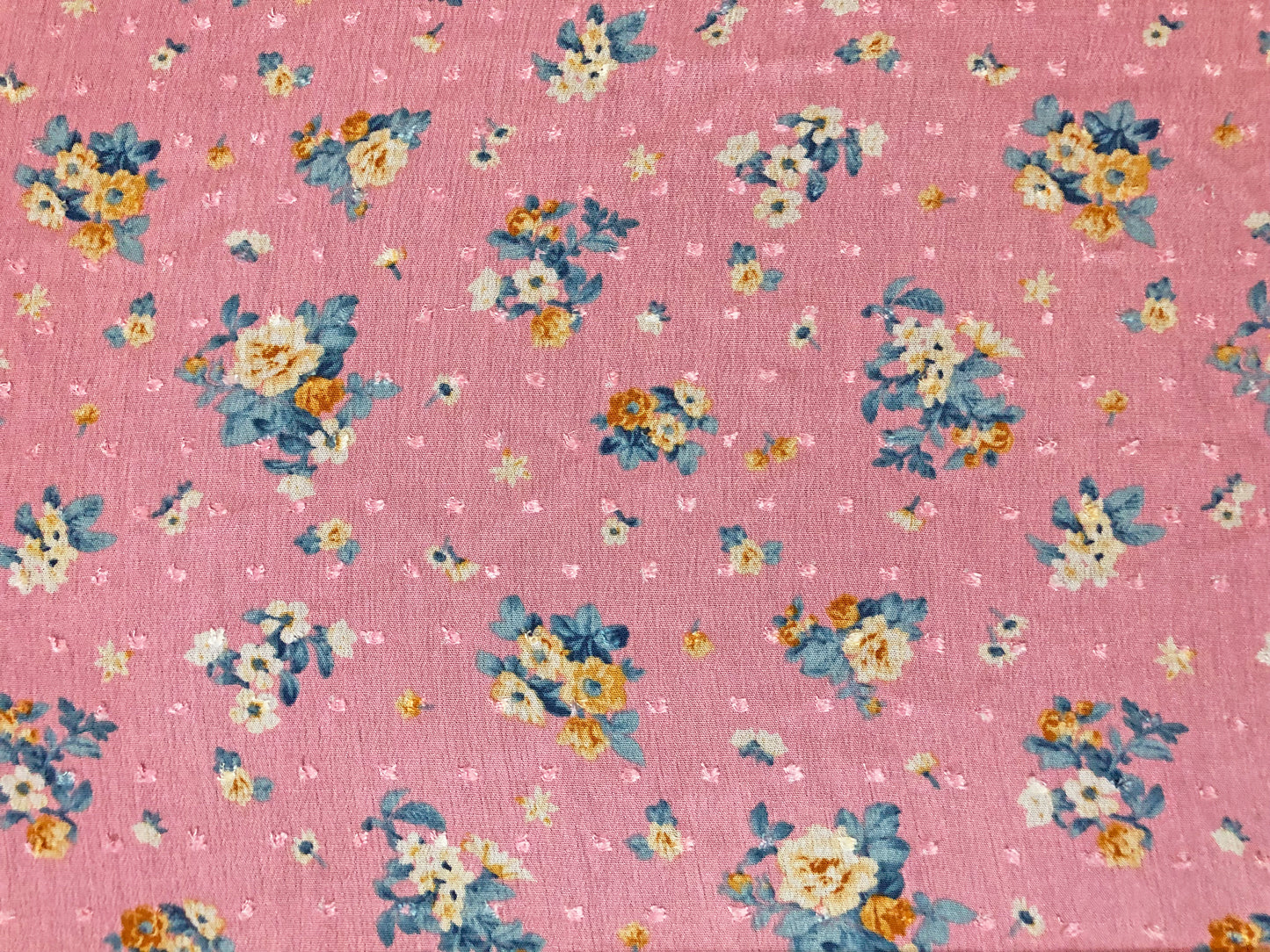 Vibrant Pink Swiss Dot Rayon Gauze with Vanilla/Cream Roses & Teal Leaves — 100% Rayon, 52″ Wide — Fabric by the Yard-(RGZPR014)
