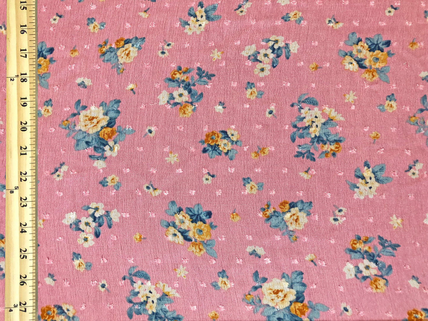 Vibrant Pink Swiss Dot Rayon Gauze with Vanilla/Cream Roses & Teal Leaves — 100% Rayon, 52″ Wide — Fabric by the Yard-(RGZPR014)