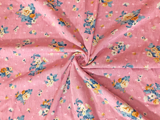 Vibrant Pink Swiss Dot Rayon Gauze with Vanilla/Cream Roses & Teal Leaves — 100% Rayon, 52″ Wide — Fabric by the Yard-(RGZPR014)
