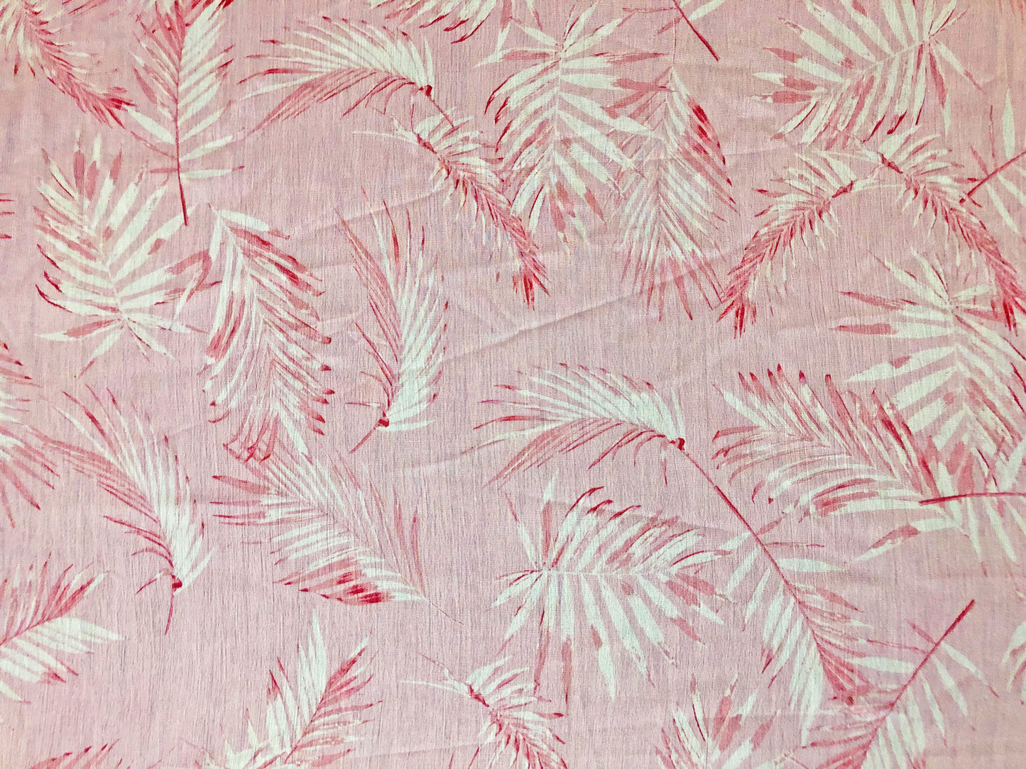 Blush Pink Rayon Crinkle with White & Coral Palm Leaves — 100% Rayon, 52″ Wide — Fabric by the Yard (RCKPR01)
