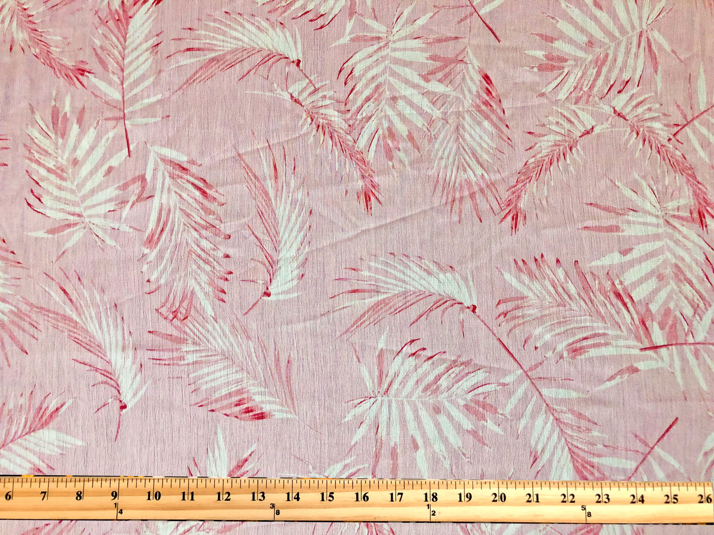 Blush Pink Rayon Crinkle with White & Coral Palm Leaves — 100% Rayon, 52″ Wide — Fabric by the Yard (RCKPR01)