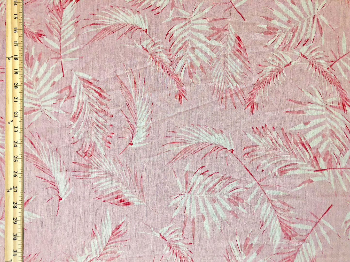 Blush Pink Rayon Crinkle with White & Coral Palm Leaves — 100% Rayon, 52″ Wide — Fabric by the Yard (RCKPR01)