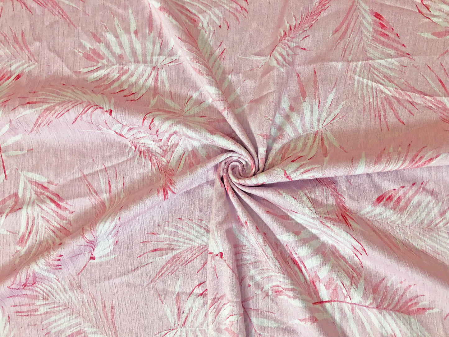 Blush Pink Rayon Crinkle with White & Coral Palm Leaves — 100% Rayon, 52″ Wide — Fabric by the Yard (RCKPR01)