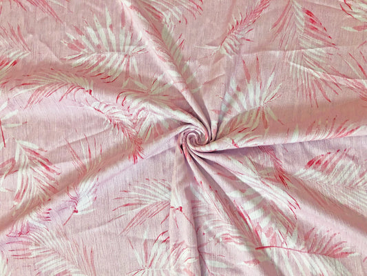 Blush Pink Rayon Crinkle with White & Coral Palm Leaves — 100% Rayon, 52″ Wide — Fabric by the Yard (RCKPR01)
