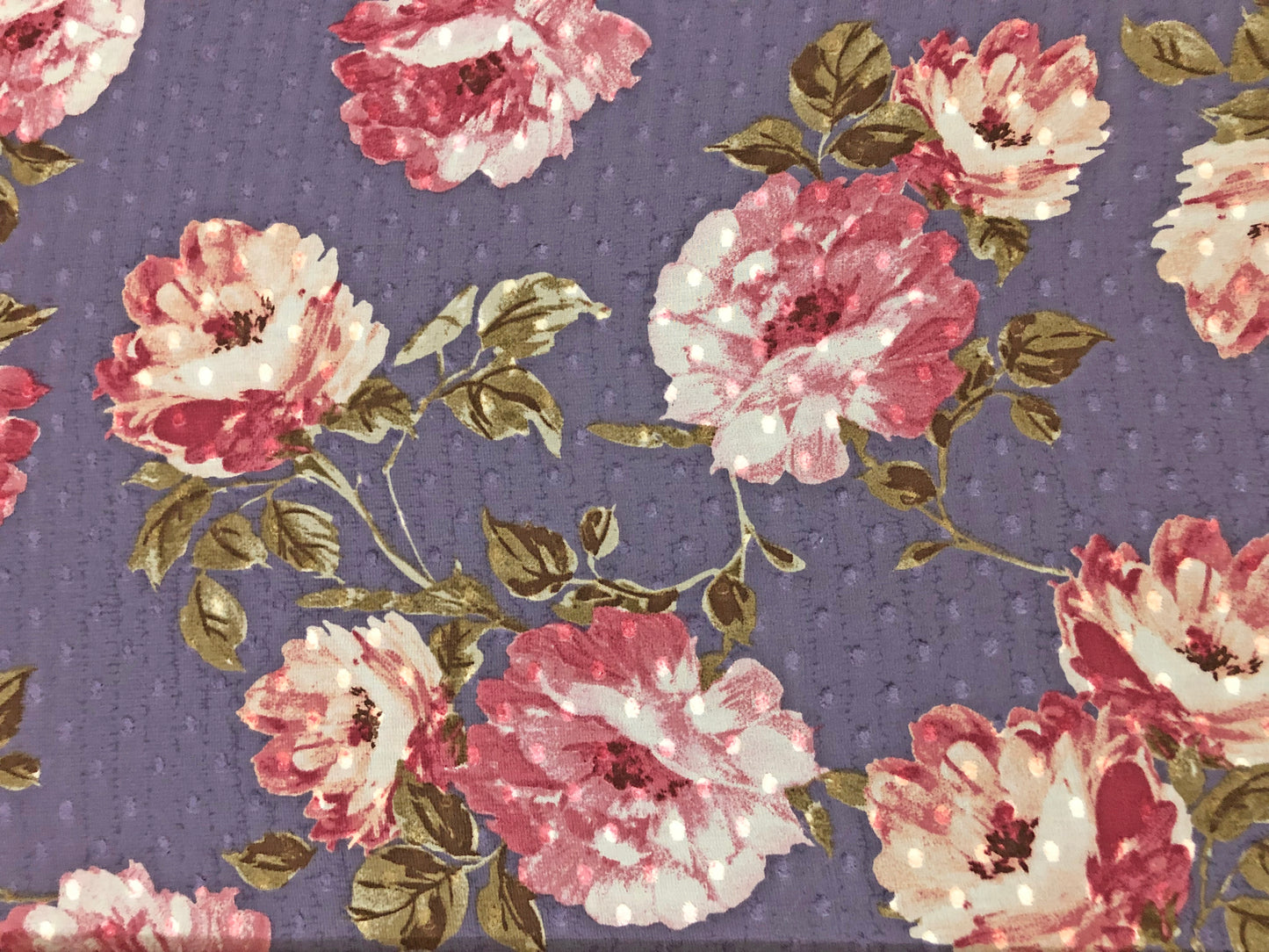 Dusty-Purple Swiss-Dot Chiffon with Rose-Pink & Ivory Roses — Sheer, 52" Wide, No Stretch — By the Yard (CFPR07)