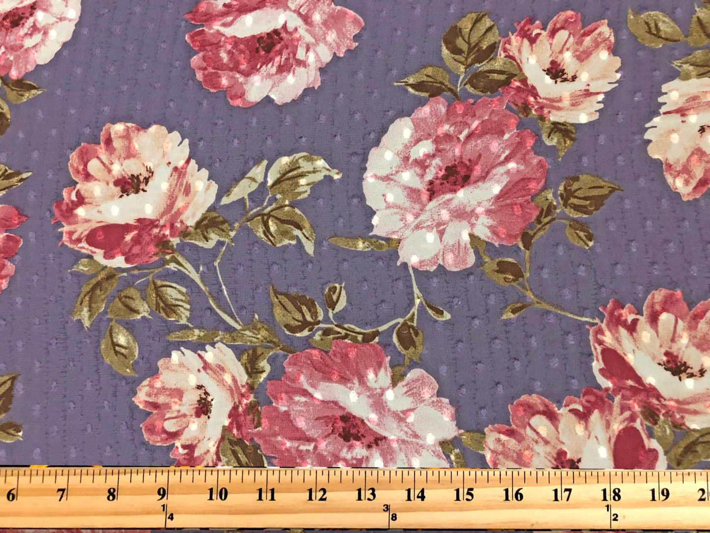 Dusty-Purple Swiss-Dot Chiffon with Rose-Pink & Ivory Roses — Sheer, 52" Wide, No Stretch — By the Yard (CFPR07)